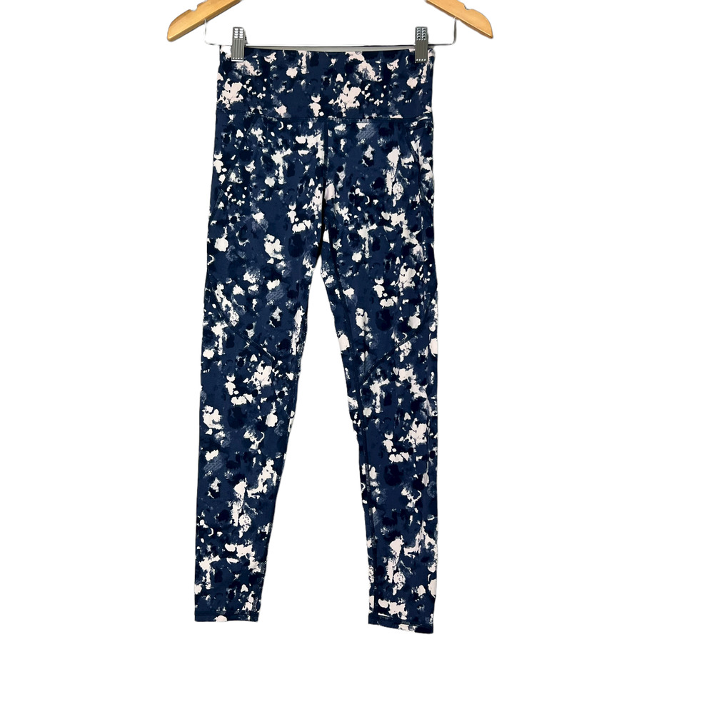SWEATY BETTY Sz XXS The Power Workout 7/8 Leggings Pockets Drawstring Blue Print